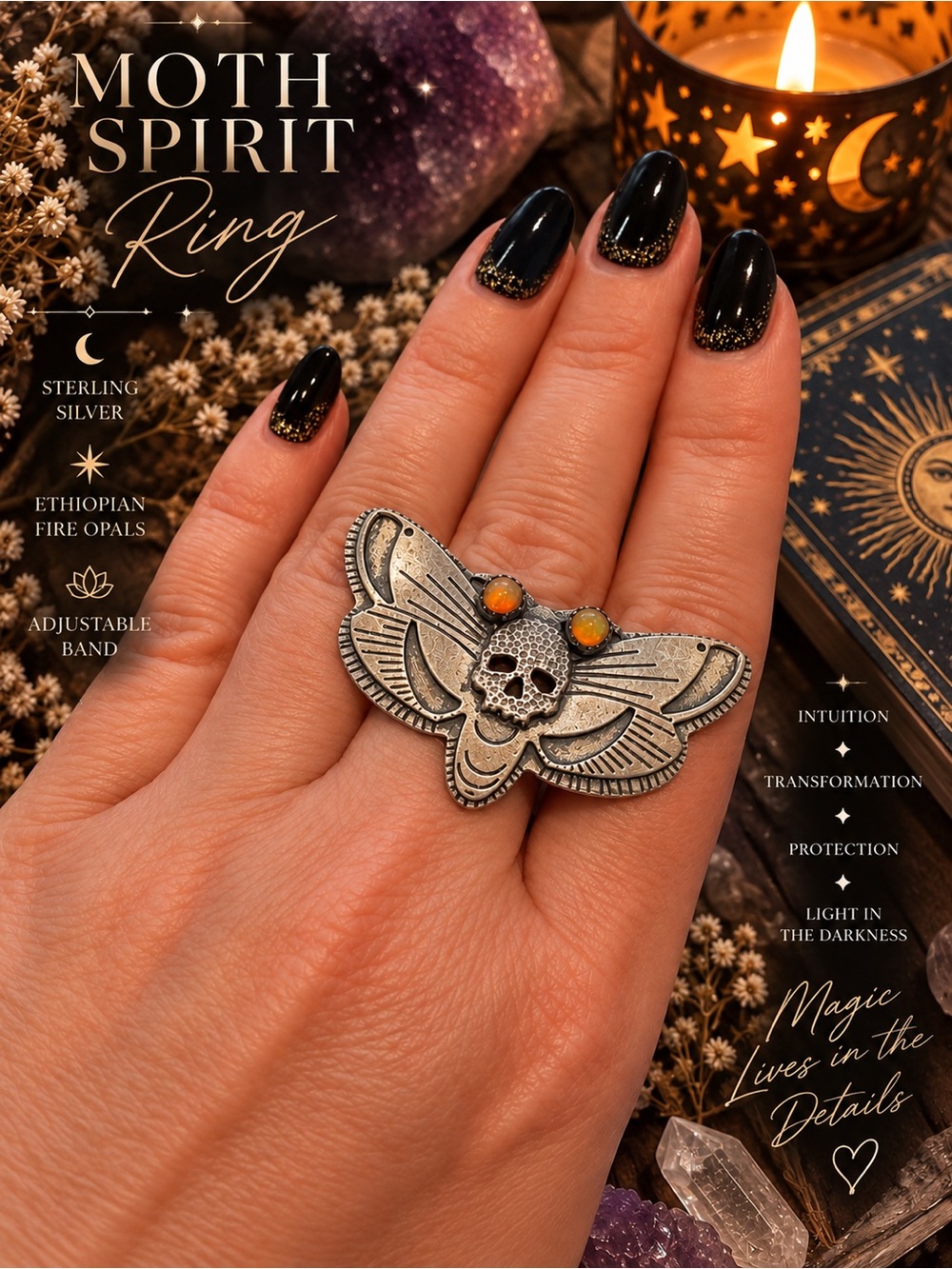 ✨ Sterling Silver Ethiopian Fire Opal Death Moth Ring ✨